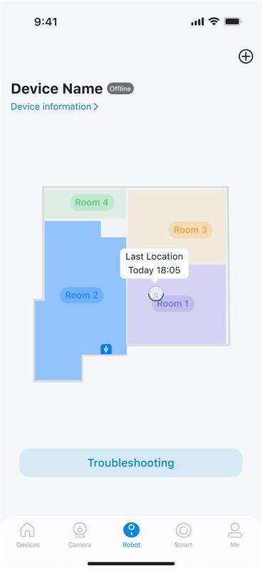 The page showing the Tapo Robot vacuum's last location on the map while offline.
