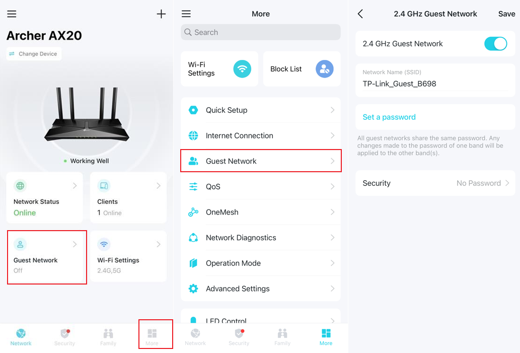 The path to set up the Guest network on the Tether app.