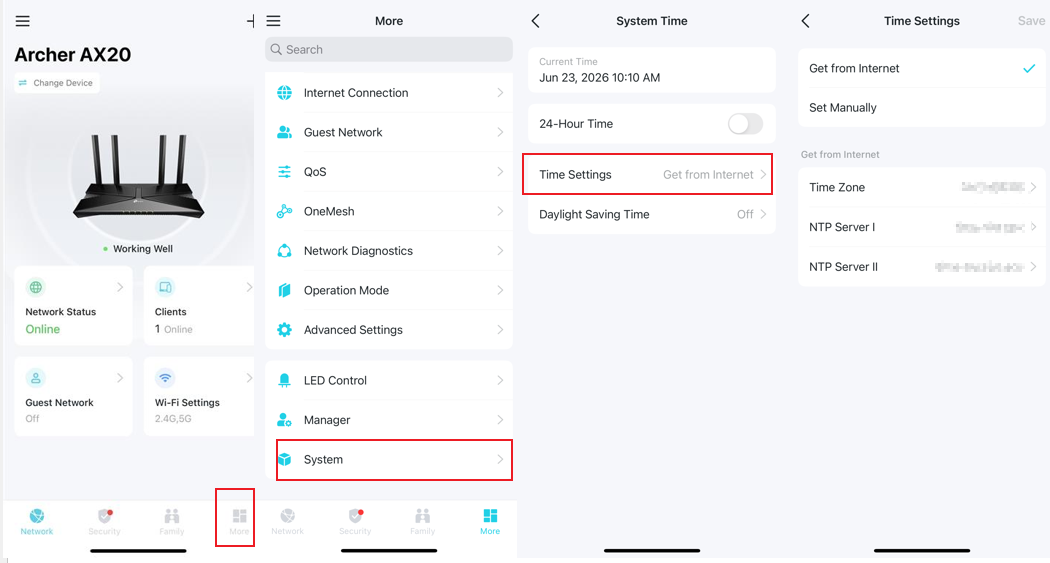 The path to set up the system time on the Tether app.