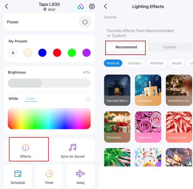The screenshot shows the Tapo L930 main page with the Effects option highlighted (on the left) and the Lighting Effects with the Recommend option highlighted (on the right).