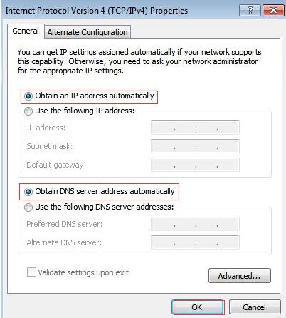 Internet Protocol Version 4 Properties dialog with Obtain an IP address automatically and Obtain DNS server address automatically selected.
