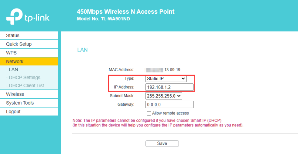TP-Link TL-WA901ND LAN settings page showing Type set to Static IP and IP address 192.168.1.2 highlighted in red.
