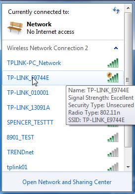 The Windows 7 WLAN page showing all detectable wireless networks.