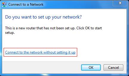 The Windows 7 Connect to a Network page with the Connect to the Network without setting up highlighted.
