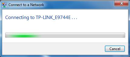 The Windows 7 Connect to a Network page shows that it is connecting to TP-LINK_E9744E.
