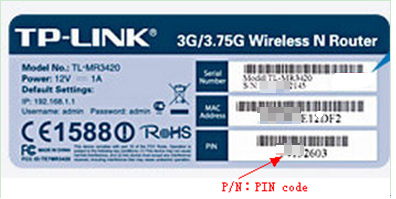 The TP-LINK router’s label with an arrow pointing to the P/N.