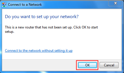 The Windows 7 Connect to a Network page with the OK button highlighted.