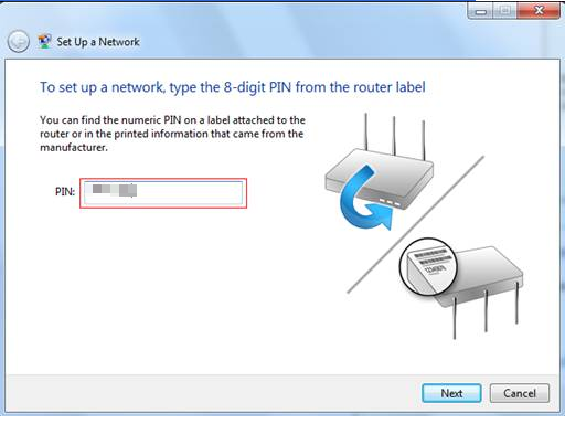 The Windows 7 Set Up a Netwwork page with the PIN input field highlighted.