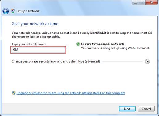 The Windows 7 Set Up a Netwwork page with Type your network name input field higtlighted.