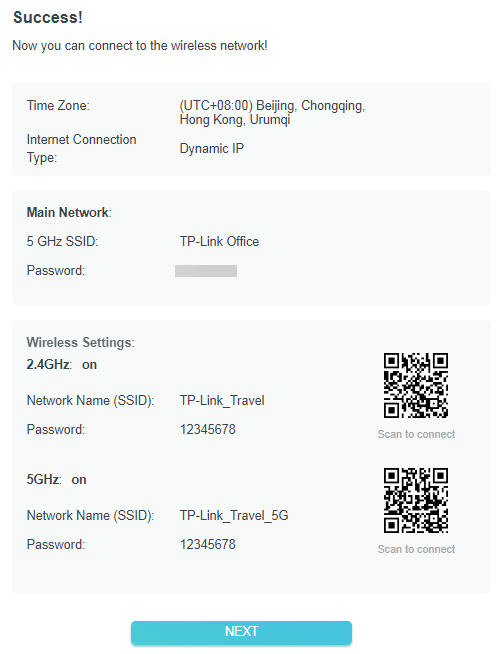 Setup success page showing time zone, Dynamic IP, and 2.4GHz and 5GHz wireless settings with QR codes and Next button.