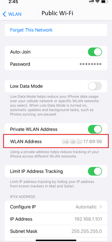 iPhone Public Wi-Fi settings showing WLAN Address highlighted with partial MAC address ending in 17:89:56.