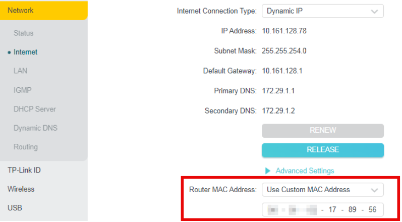 TP-Link router Network Internet settings showing Router MAC Address set to Use Custom MAC Address and highlighted.