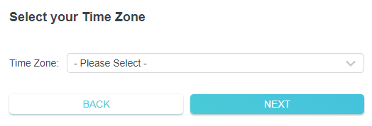 Select your Time Zone page with a timezone dropdown set to Please Select and Next button highlighted.
