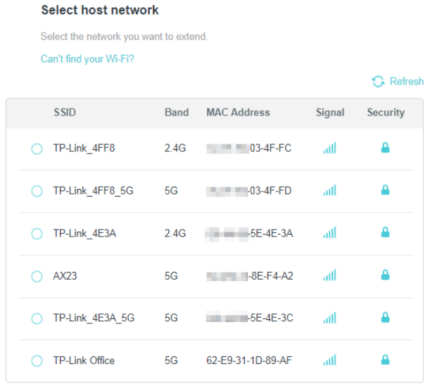 Select host network page showing a list of available SSIDs with band, MAC address, signal, and security columns.