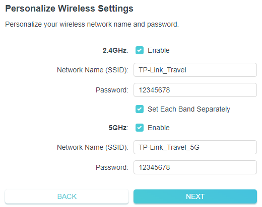 Personalize Wireless Settings page showing 2.4GHz and 5GHz network name and password fields with Set Each Band Separately checked.