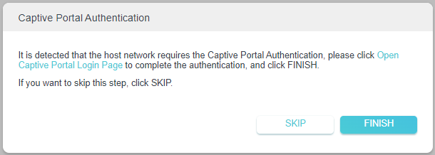 Captive Portal Authentication dialog prompting user to open the login page or skip, with Skip and Finish buttons.