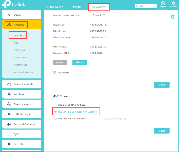 TP-Link Archer Advanced Network Internet page showing MAC Clone section with Use Current Computer MAC Address selected and highlighted.
