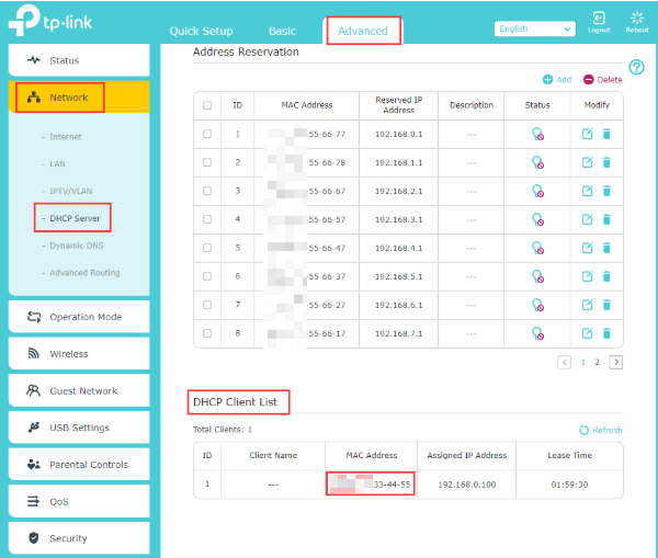 TP-Link Archer Advanced Network DHCP Server page showing Address Reservation list and DHCP Client List with MAC address highlighted.