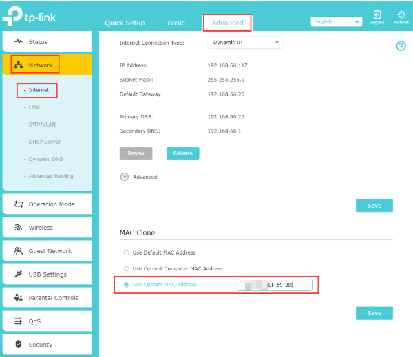 TP-Link Archer Advanced Network Internet page showing MAC Clone with Use Custom MAC Address selected and MAC address ending in EF-59-3D entered.