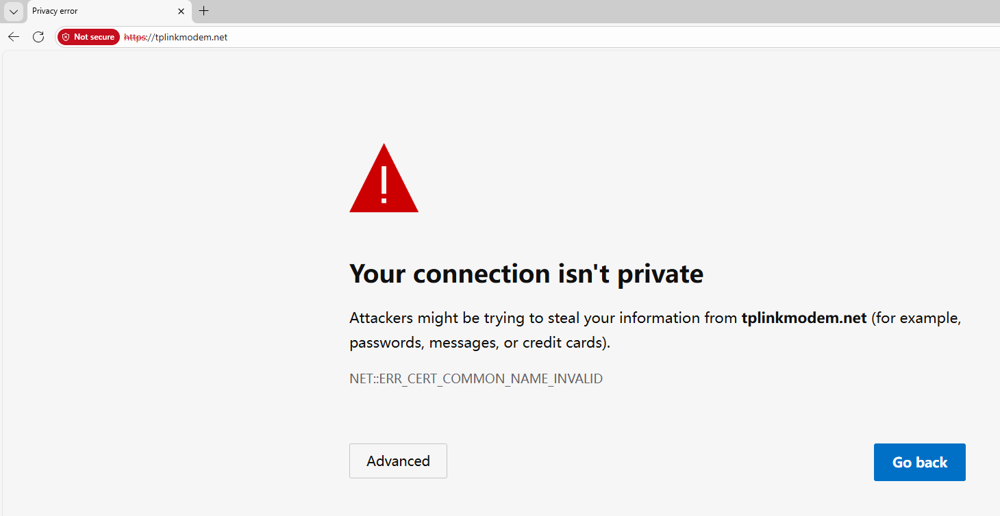 Microsoft Edge "Your connection isn't private" warning for tplinkmodem.net with NET::ERR_CERT_COMMON_NAME_INVALID error.