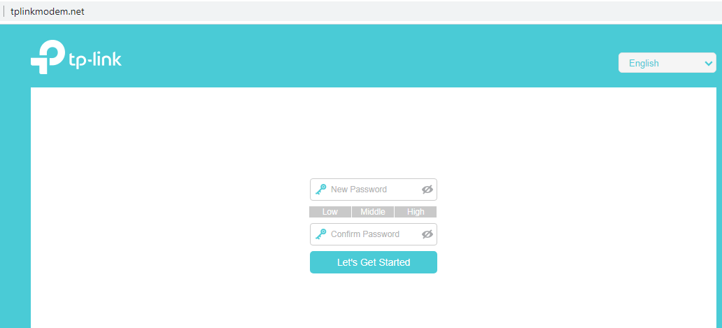 TP-Link DSL modem router setup page at tplinkmodem.net with New Password, Confirm Password fields and Let's Get Started button.
