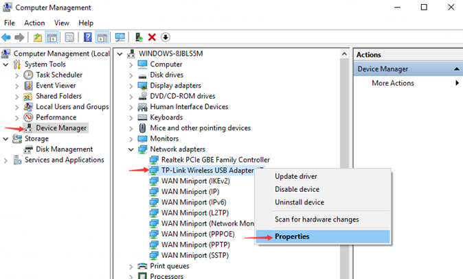 Windows Computer Management showing Device Manager with TP-Link Wireless USB Adapter right-click menu and Properties highlighted.