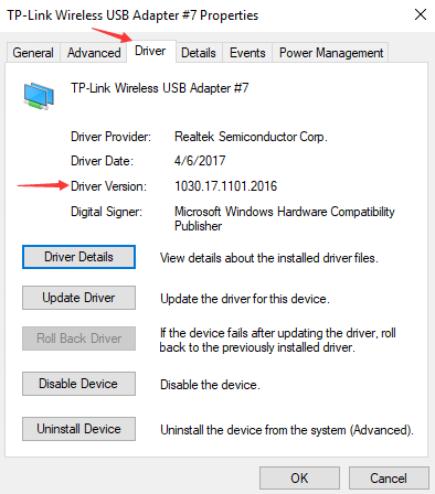 TP-Link Wireless USB Adapter Properties Driver tab with Driver Version highlighted and Driver Details, Update Driver, Roll Back Driver buttons visible.