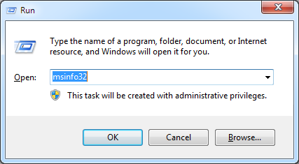 Windows Run dialog with msinfo32 entered in the Open field.