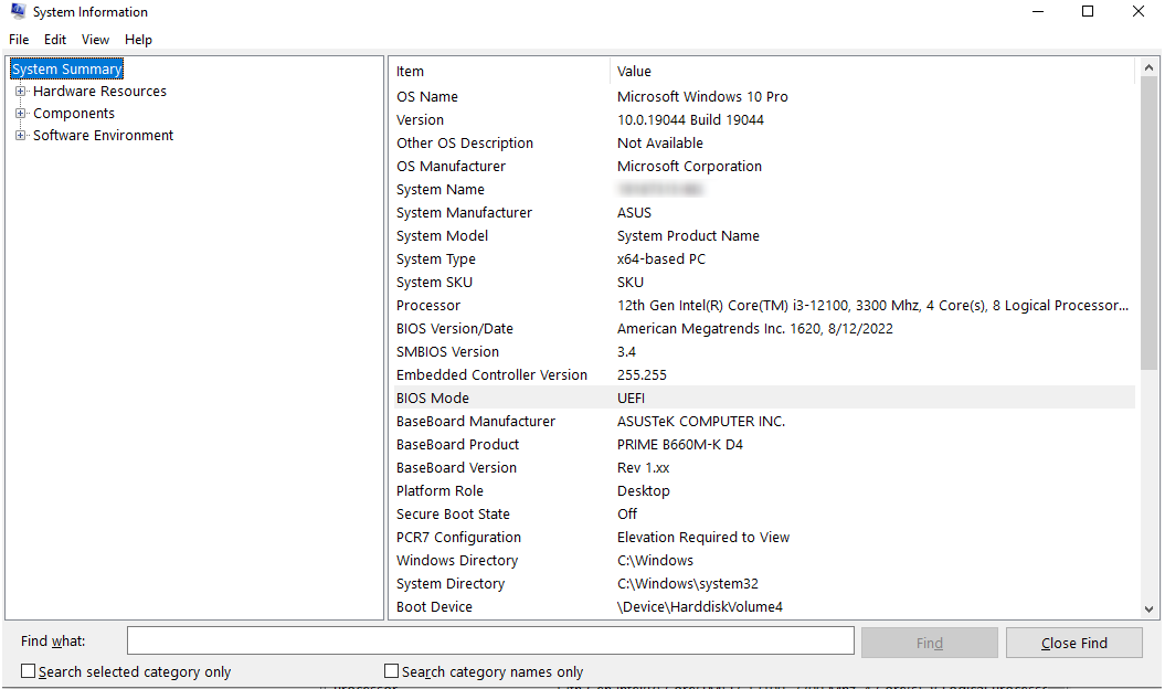 Windows System Information showing System Summary with OS, hardware, processor, and BIOS details listed.