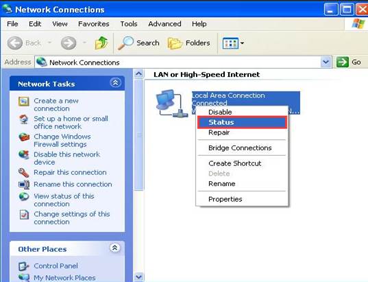 Windows XP Network Connections window with right-click context menu showing Status highlighted.