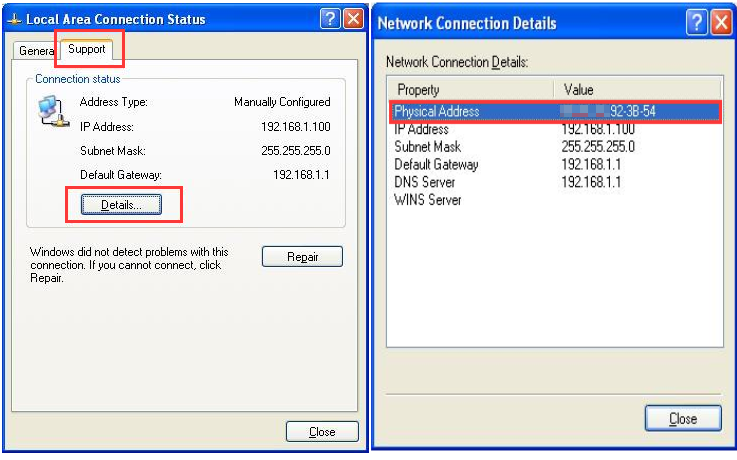 Local Area Connection Status Support tab with Details button highlighted, and Network Connection Details showing Physical Address.