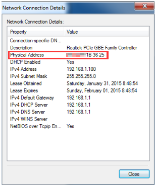 Windows Vista Network Connection Details dialog with Physical Address row highlighted.