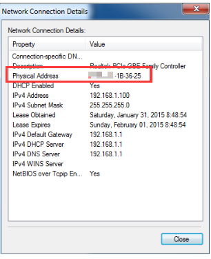 Windows 7 Network Connection Details dialog with Physical Address row highlighted.