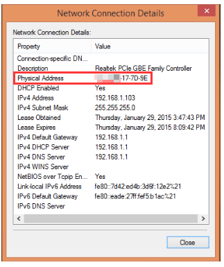 Windows 8 Network Connection Details dialog with Physical Address row highlighted.