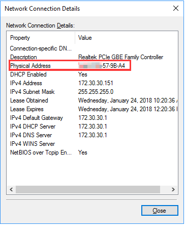 Windows 10 Network Connection Details dialog with Physical Address row highlighted.