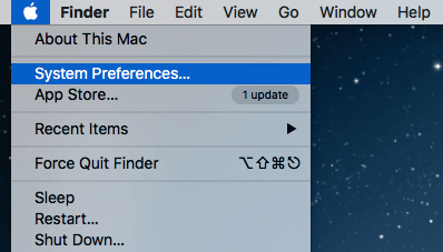 Mac Apple menu open with System Preferences highlighted.