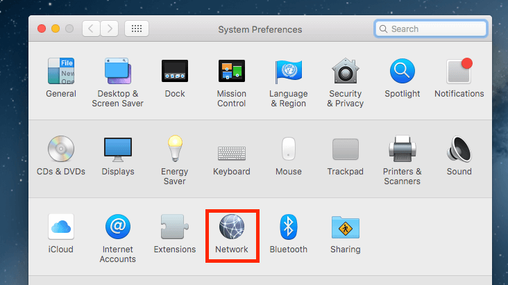 Mac System Preferences window with Network icon highlighted.