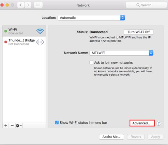 Mac Network settings showing Wi-Fi connected, with Advanced button highlighted.