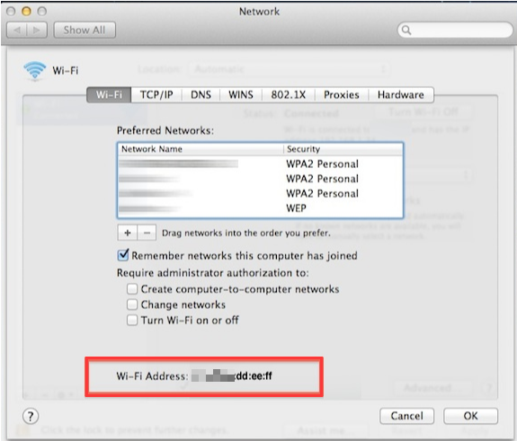 Mac Network Wi-Fi tab showing preferred networks list and Wi-Fi Address highlighted.