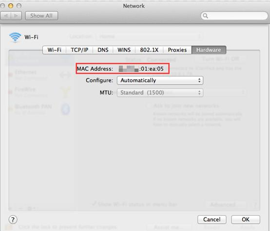 Mac Network Hardware tab showing MAC Address field highlighted.
