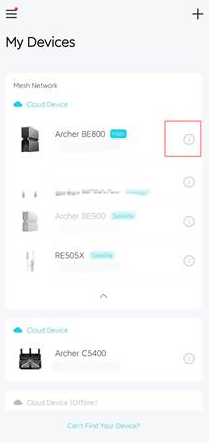 Tether app My Devices screen with the info icon on Archer BE800 highlighted.