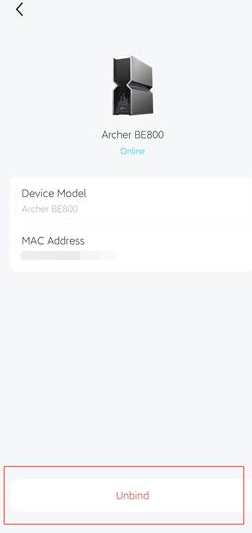 Tether app Archer BE800 device details screen with Unbind button highlighted.