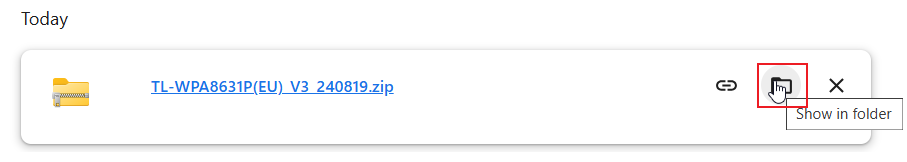 Chrome Downloads page showing firmware zip file with Show in folder button highlighted.
