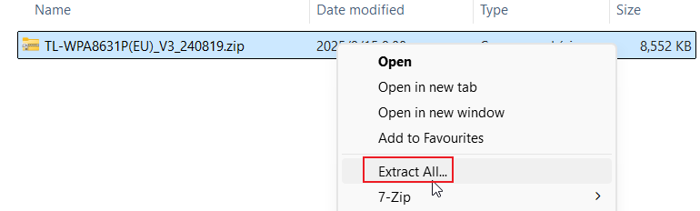 Windows File Explorer right-click context menu on firmware zip file with Extract All highlighted.