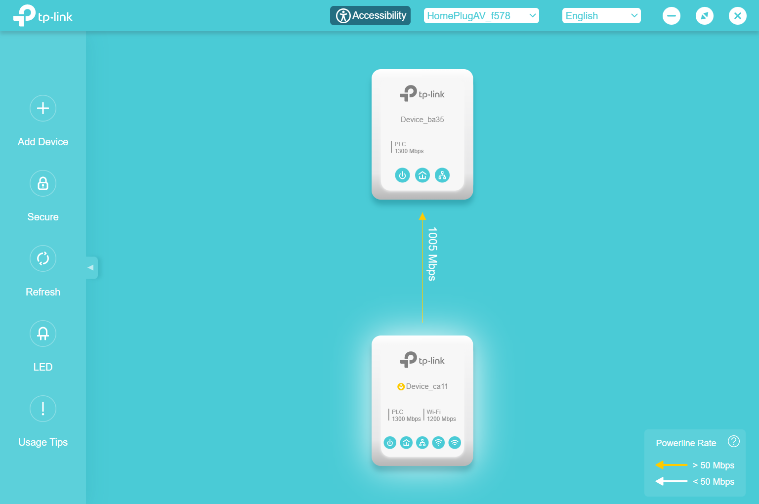 tpPLC app showing two connected powerline devices with a 1005 Mbps powerline rate between them.