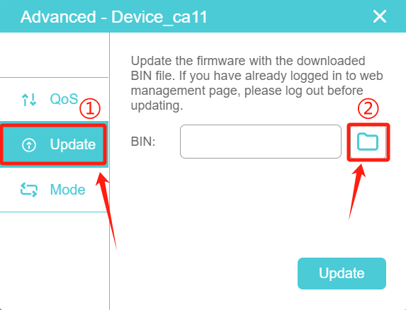 tpPLC Advanced dialog showing to click Update then the folder icon to browse for the BIN file.