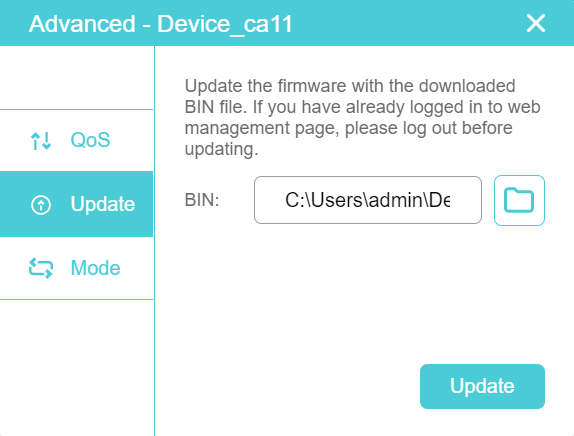 tpPLC Advanced Update dialog with BIN file path entered and Update button ready.