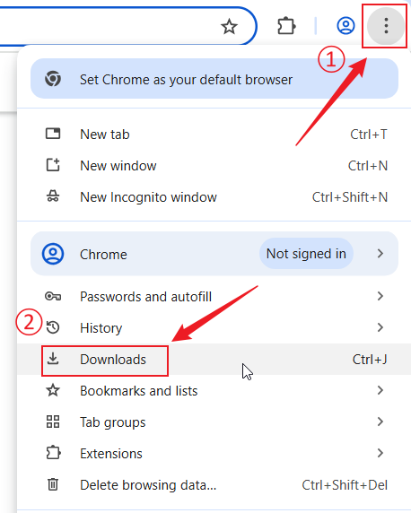 Chrome menu showing to click the three-dot menu button then Downloads option.