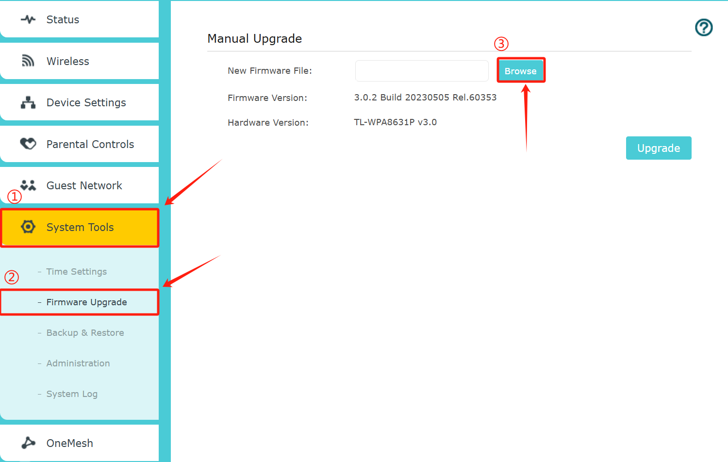TL-WPA8631P Manual Upgrade page showing to click System Tools, then Firmware Upgrade, then Browse.