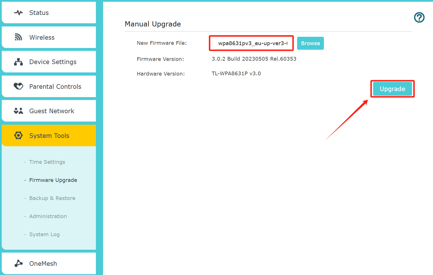 Manual Upgrade page with firmware filename entered and Upgrade button highlighted.
